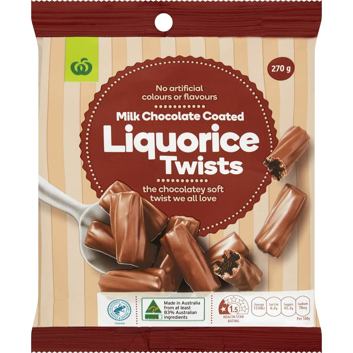 Woolworths Milk Chocolate Coated Liquorice Twists 270g