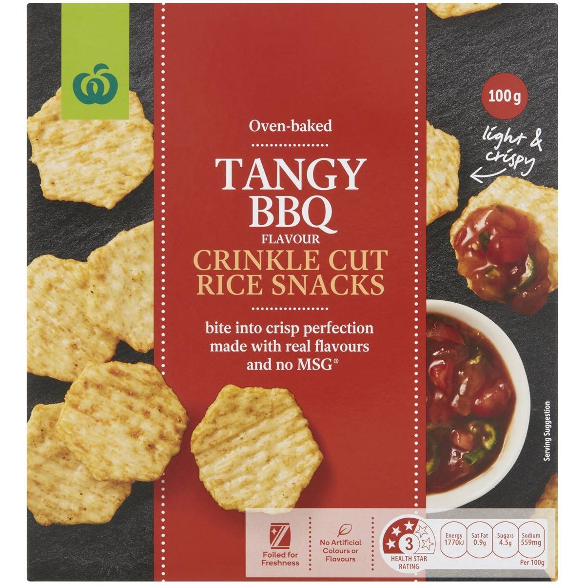 Woolworths Crackers Crinkle Cut Rice Snacks Tangy BBQ 100g