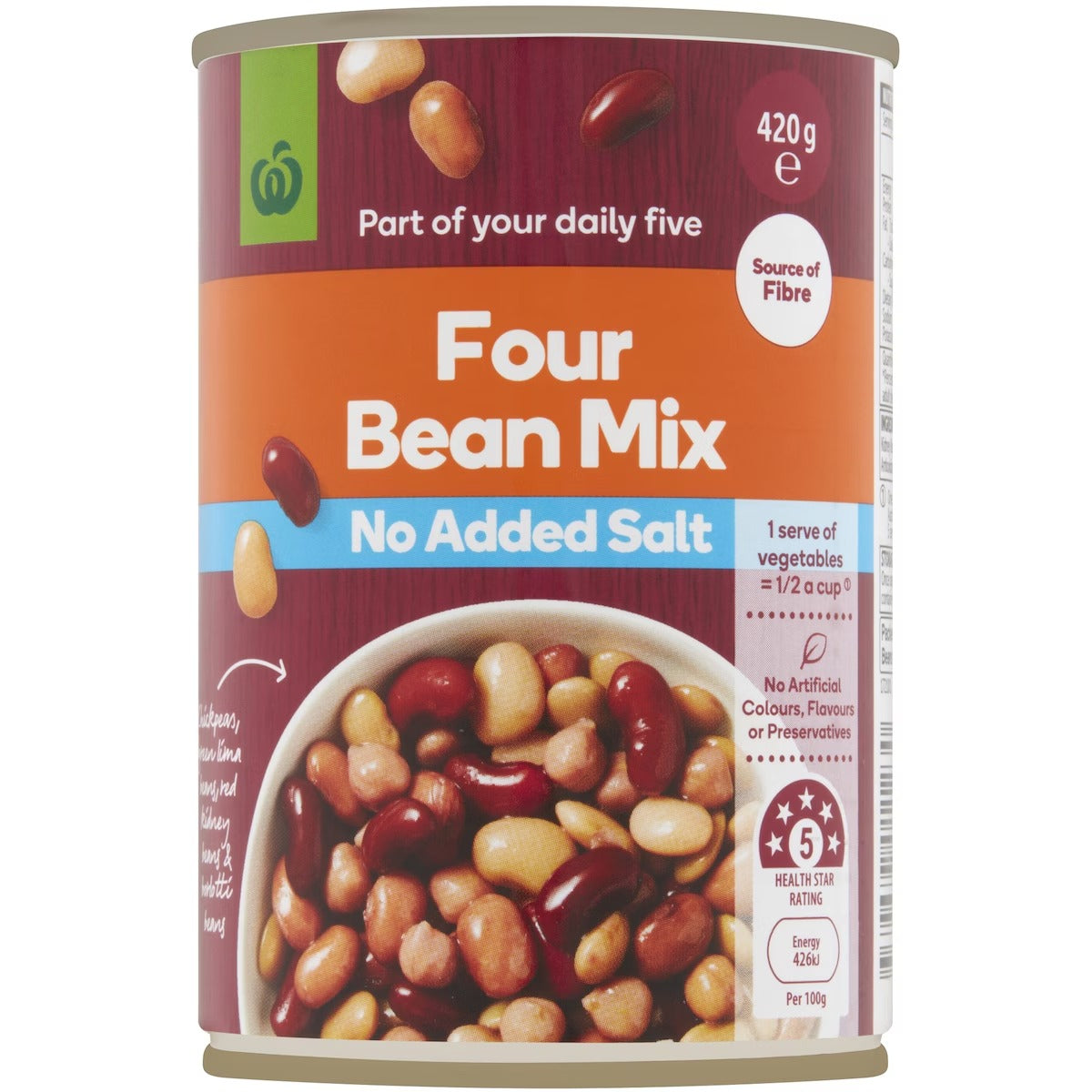 Woolworths Four Bean Mix No Added Salt Can 420g