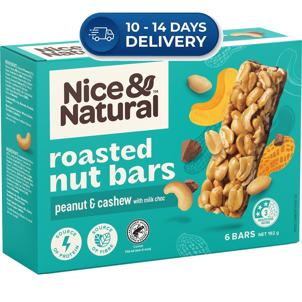 Approaching or Just Over Best Before Date : Nice & Natural Nut Bars Peanut & Cashew with Milk Choc (6pk) 192g -(Extended Dispatch)