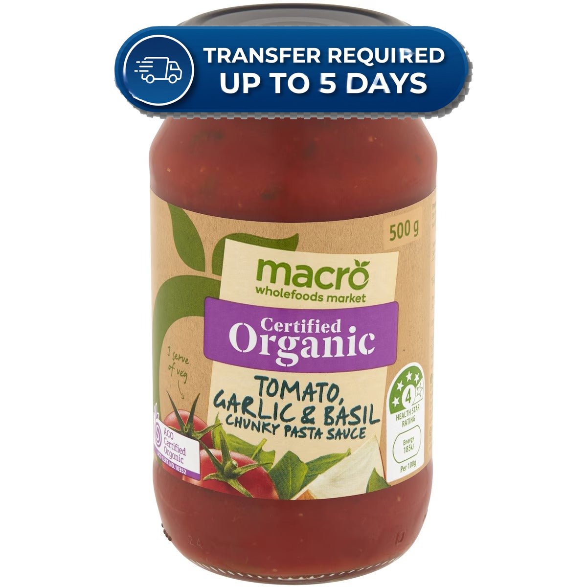 Macro Pasta Sauce Organic Tomato, Garlic & Basil 500g -(Extended Dispatch)
