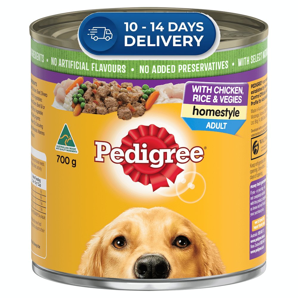 Pedigree Homestyle Chicken With Rice & Vegies Adult Wet Dog Food Can 700g -(Extended Dispatch)