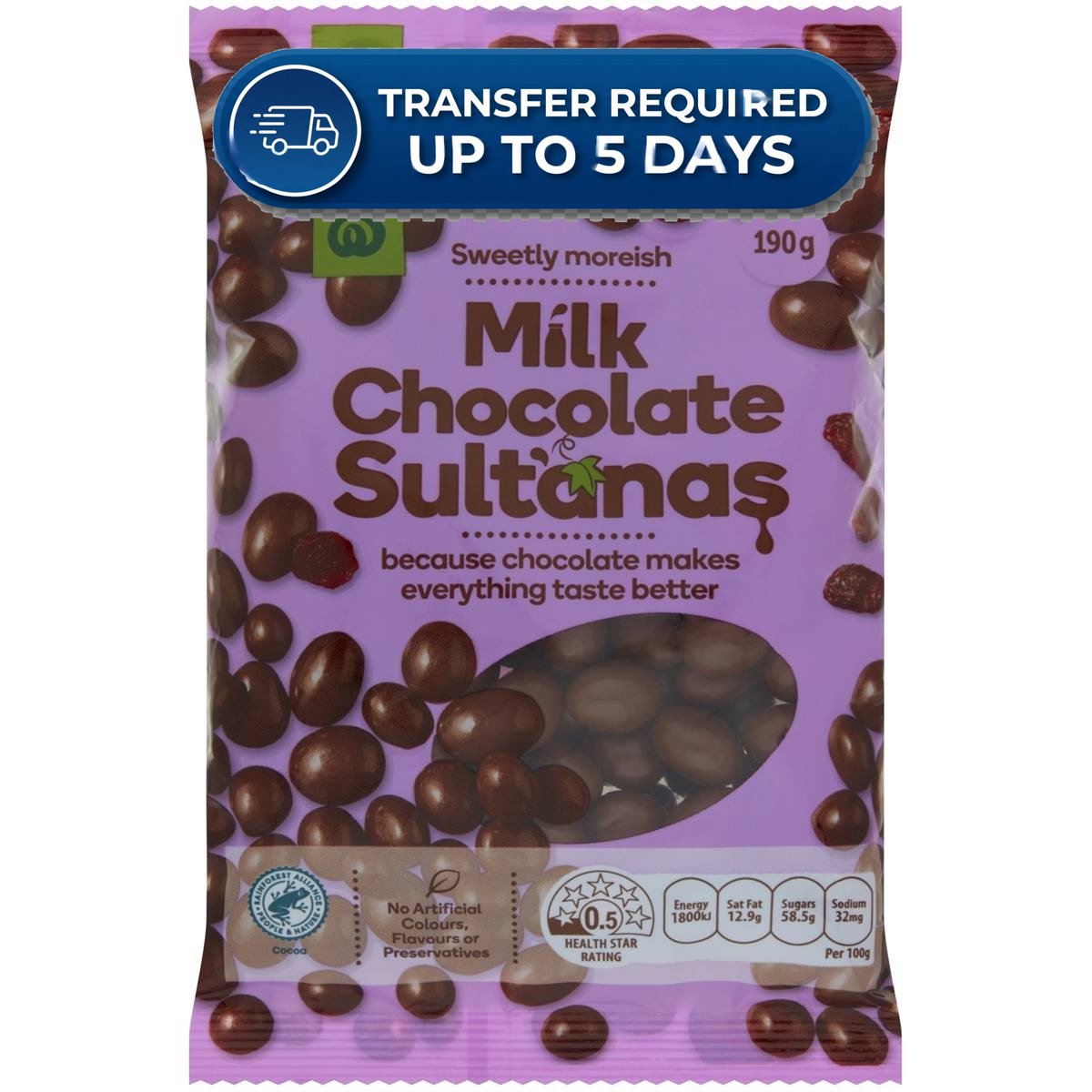 Woolworths Milk Chocolate Sultanas 190g -(Extended Dispatch)