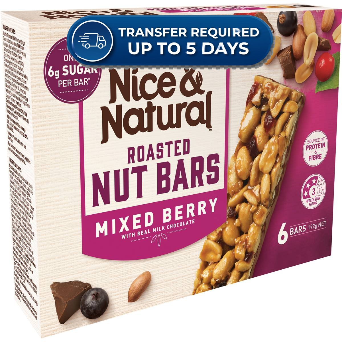 Approaching or Just Over Best Before Date – Nice & Natural Nut Bars Mixed Berry with milk choc (6pk) 192g