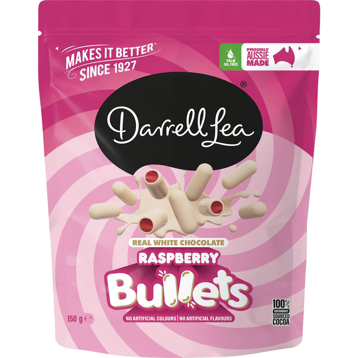 Darrell Lea Raspberry Bullets White Chocolate 150g