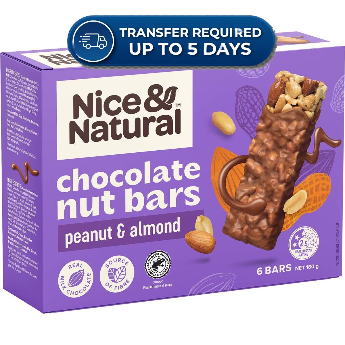 Approaching or Just Over Best Before Date – Nice & Natural Nut Bars Peanut & Almond with milk choc (6pk) 180g