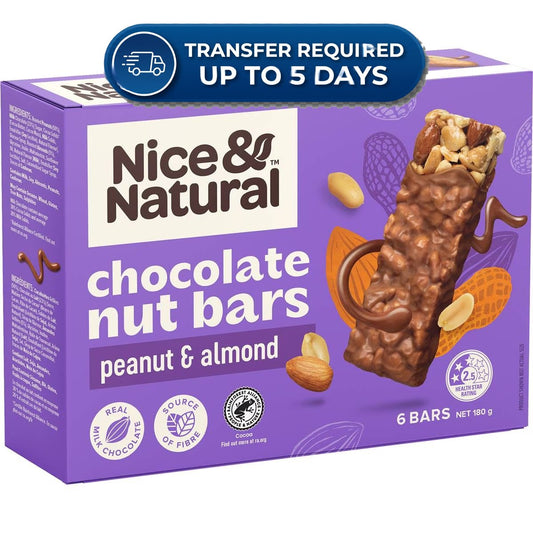 Approaching or Just Over Best Before Date – Nice & Natural Nut Bars Peanut & Almond with milk choc (6pk) 180g