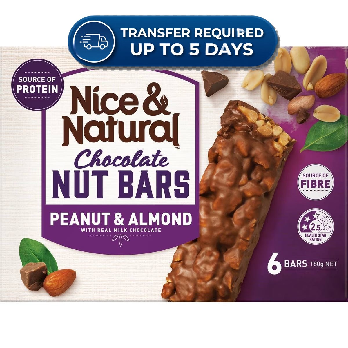 Approaching or Just Over Best Before Date – Nice & Natural Nut Bars Peanut & Almond with milk choc (6pk) 180g
