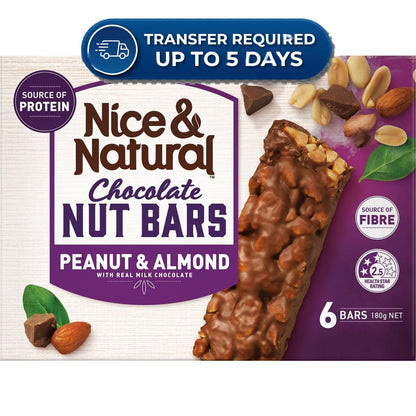 Approaching or Just Over Best Before Date – Nice & Natural Nut Bars Peanut & Almond with milk choc (6pk) 180g