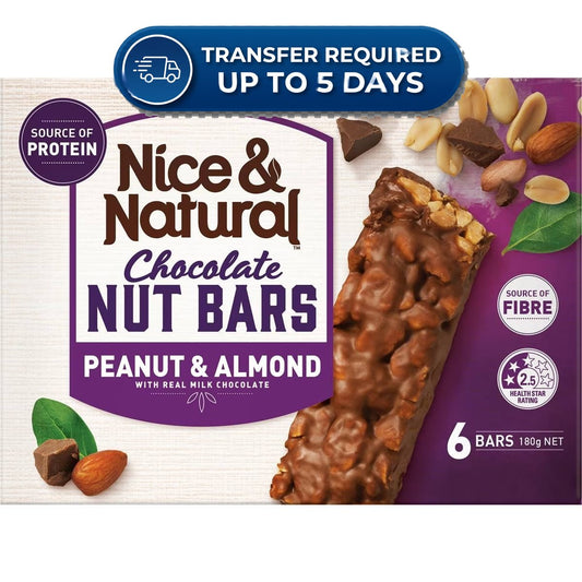 Approaching or Just Over Best Before Date – Nice & Natural Nut Bars Peanut & Almond with milk choc (6pk) 180g