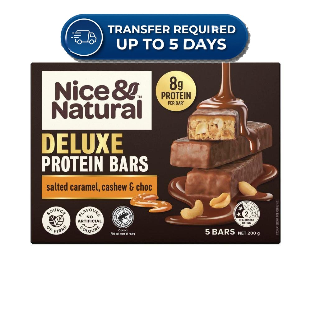 Approaching or Just Over Best Before Date – Nice & Natural Deluxe Protein Bars Caramel & Milk Choc Multipack Snacks 5 Pack 200g