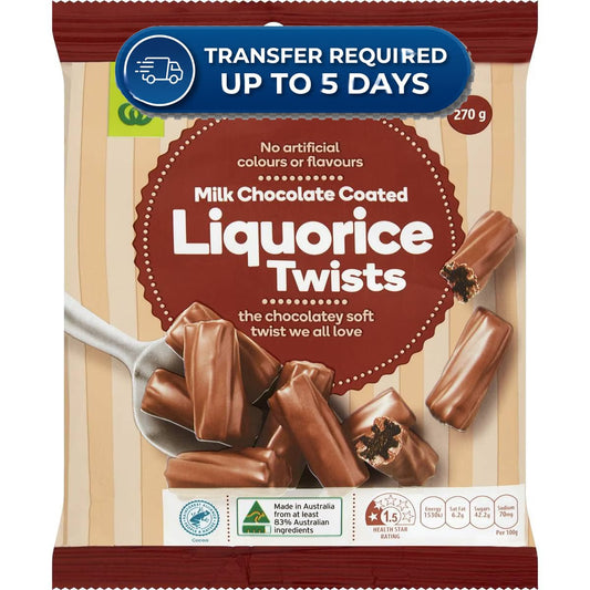 Approaching or Just Over Best Before Date – Woolworths Milk Chocolate Coated Liquorice Twists 270g