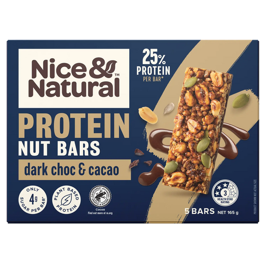 Approaching or Just Over Best Before Date – Nice & Natural Protein Nut Bars Dark Choc & Cacao 5 Pack 165g