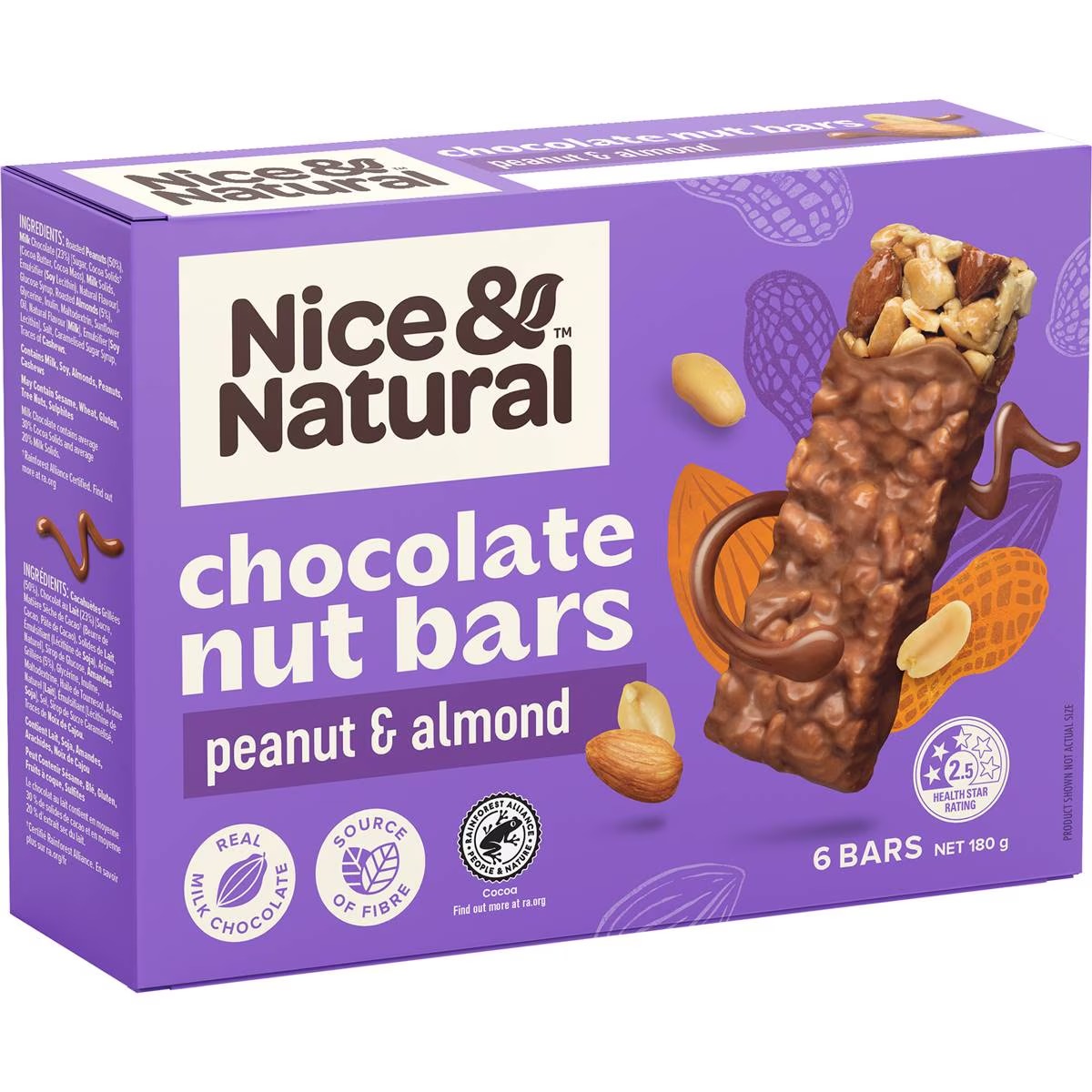 Nice & Natural Nut Bars Peanut & Almond  with milk choc (6pk) 180g