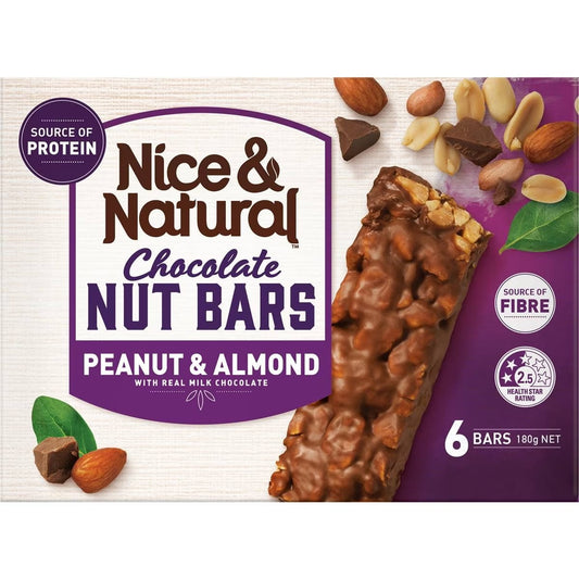 Nice & Natural Nut Bars Peanut & Almond  with milk choc (6pk) 180g