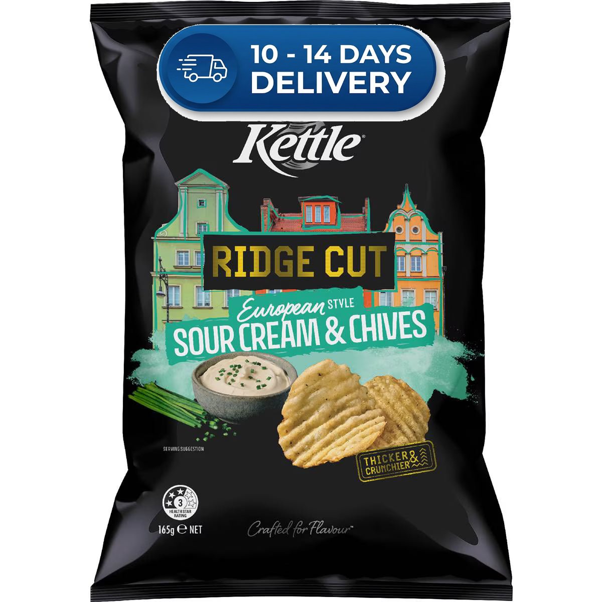 Kettle Ridge Cut Potato Chips European Sour Cream & Chives 165g -(Extended Dispatch)