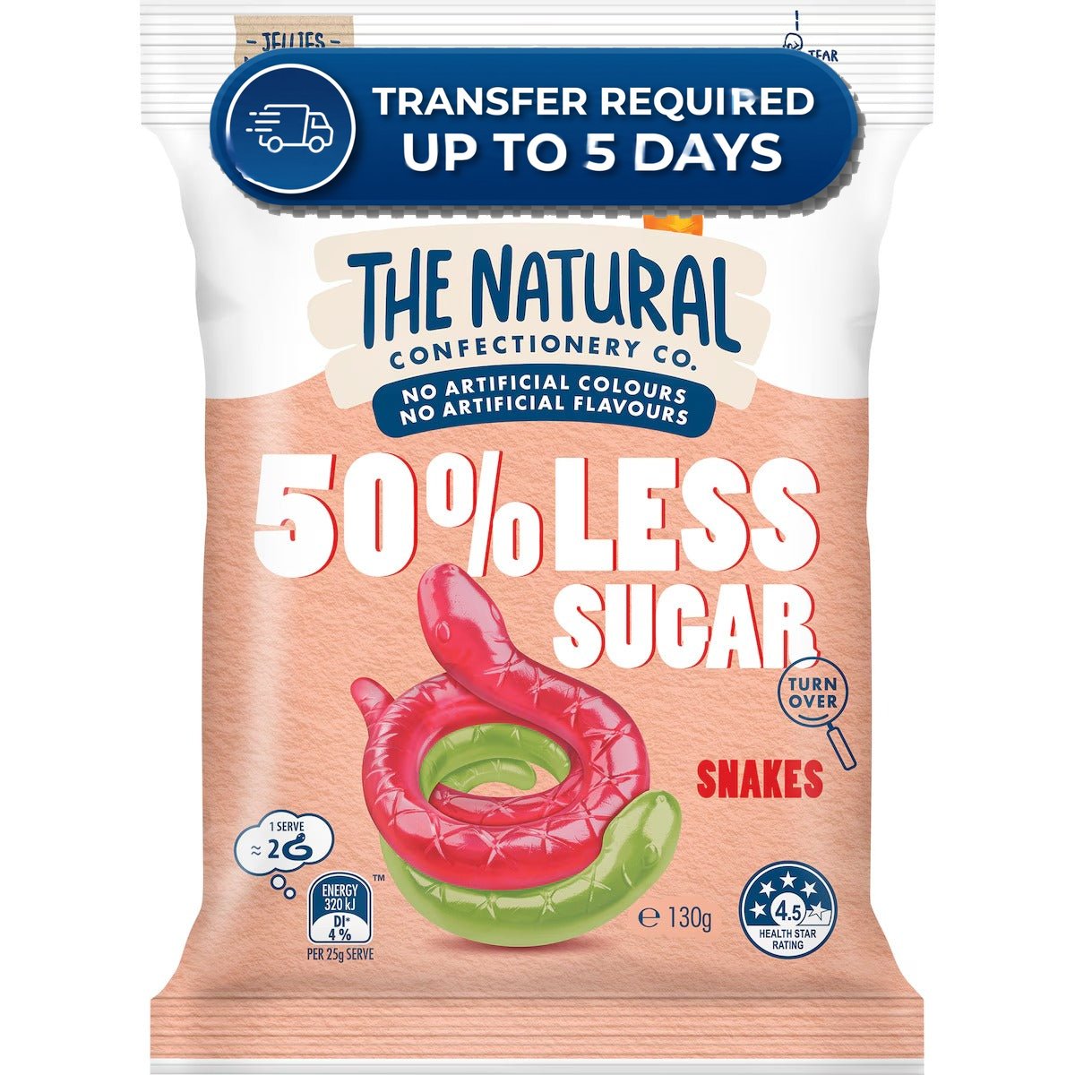 Natural Confectionery Snakes 50% Less Sugar 130g -(Extended Dispatch)