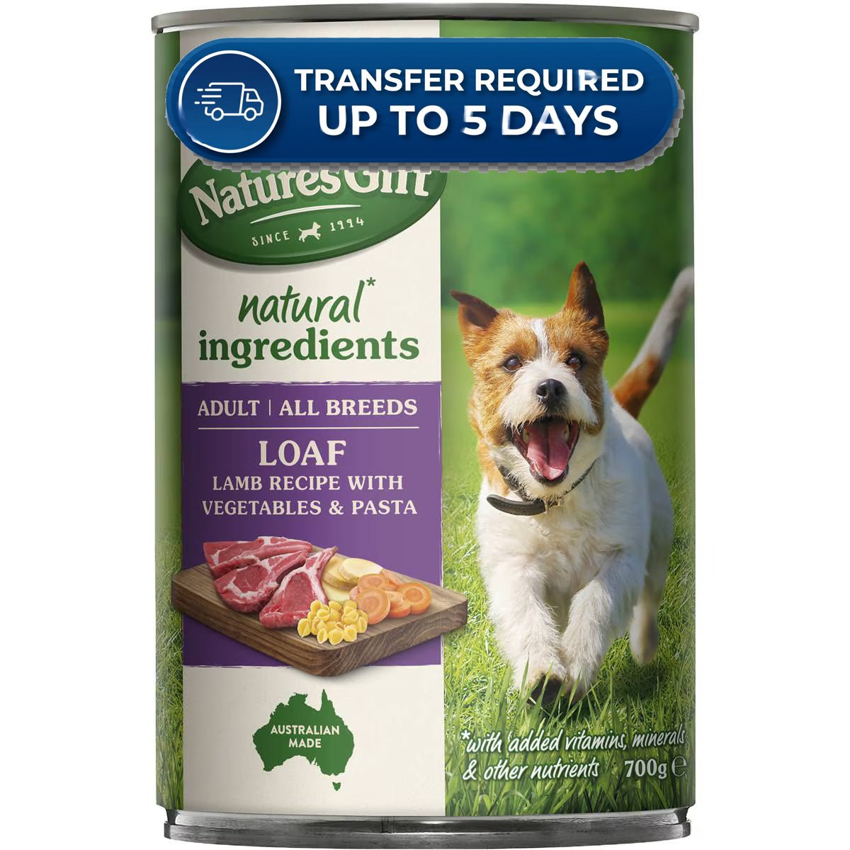 Nature's Gift Adult Wet Dog Food Loaf Lamb Recipe With Vegetables & Pasta 700g -(Extended Dispatch)