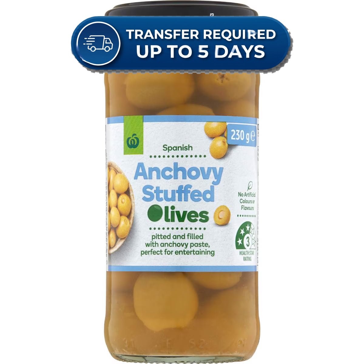 Woolworths Anchovy Stuffed Green Mediterranean Olives 230g -(Extended Dispatch)