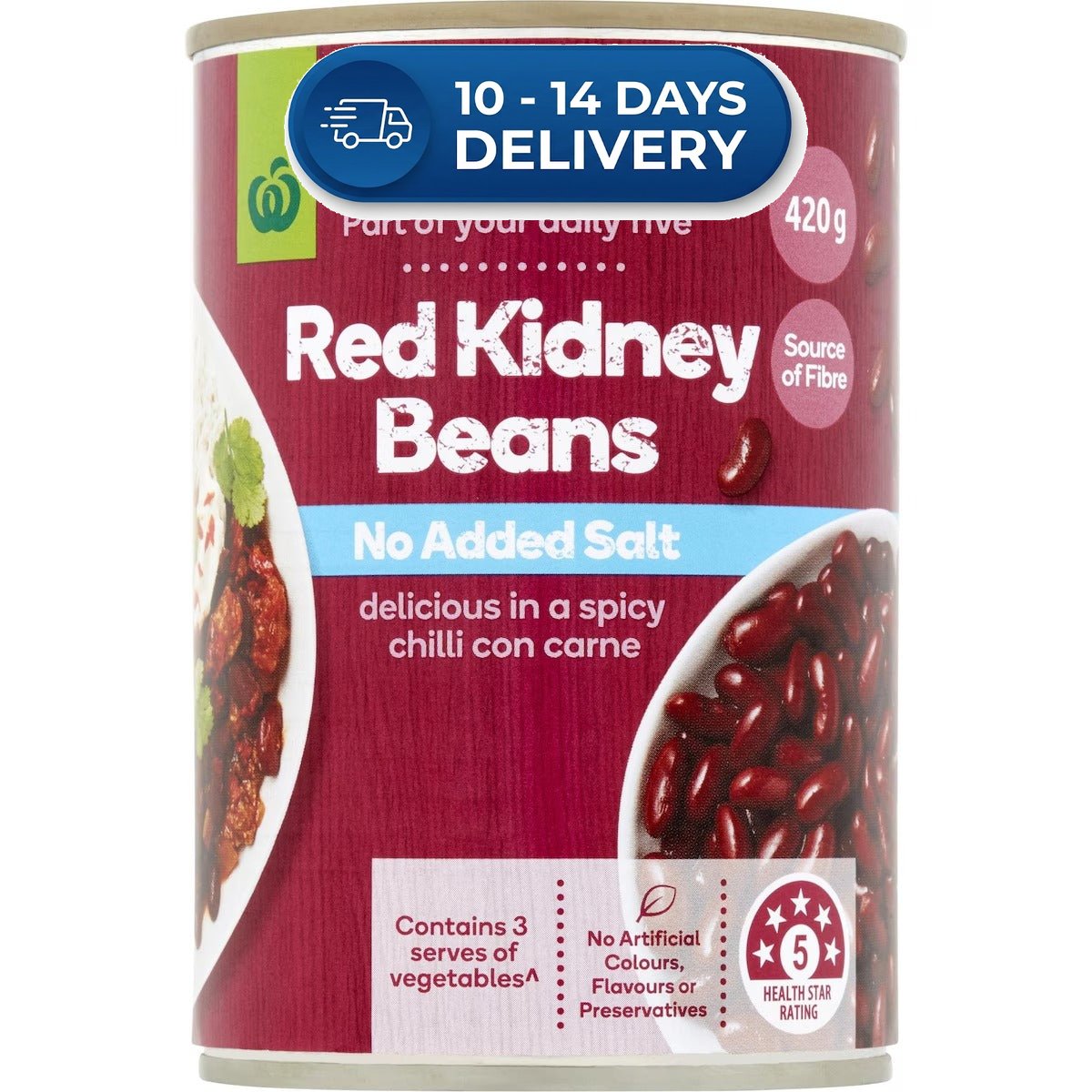 Woolworths Beans Red Kidney (No Added Salt)  420g -(Extended Dispatch)