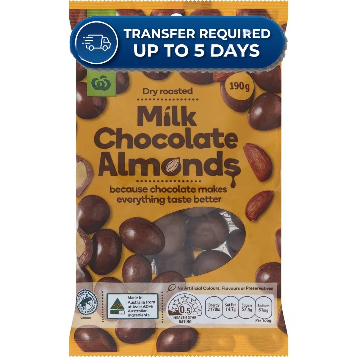 Woolworths Milk Chocolate Almonds 190g -(Extended Dispatch)